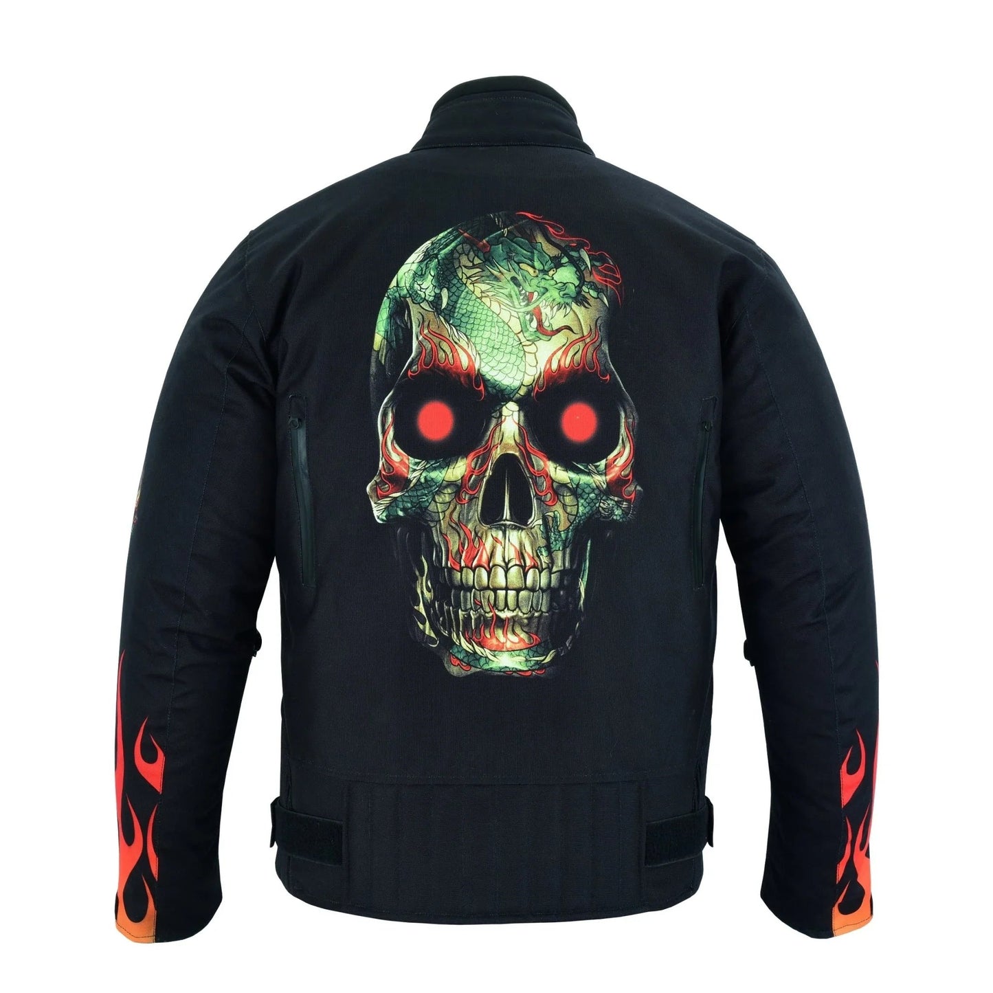 flames and skull black textile fabric motorcycle biker jacket -