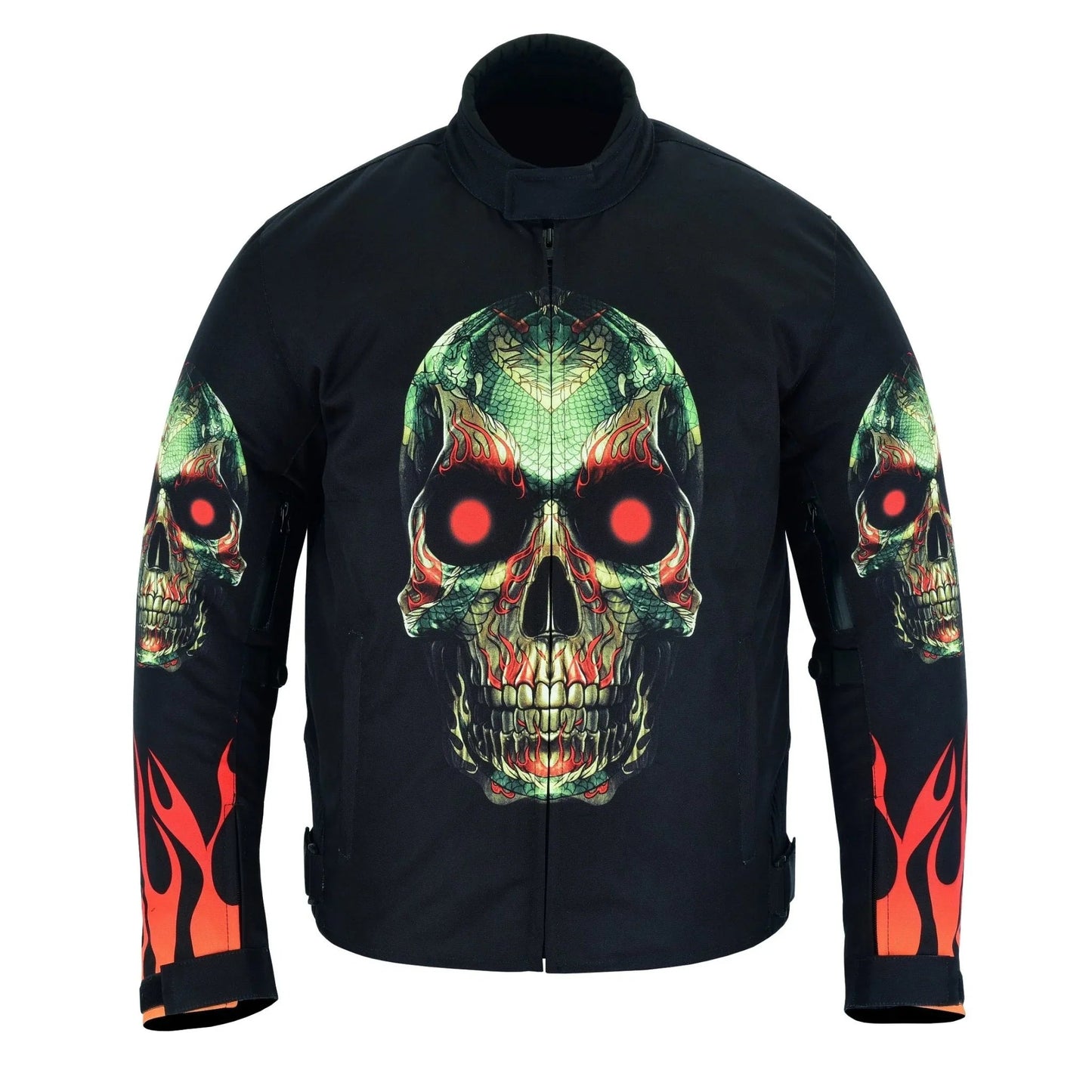 flames and skull black textile fabric motorcycle biker jacket -