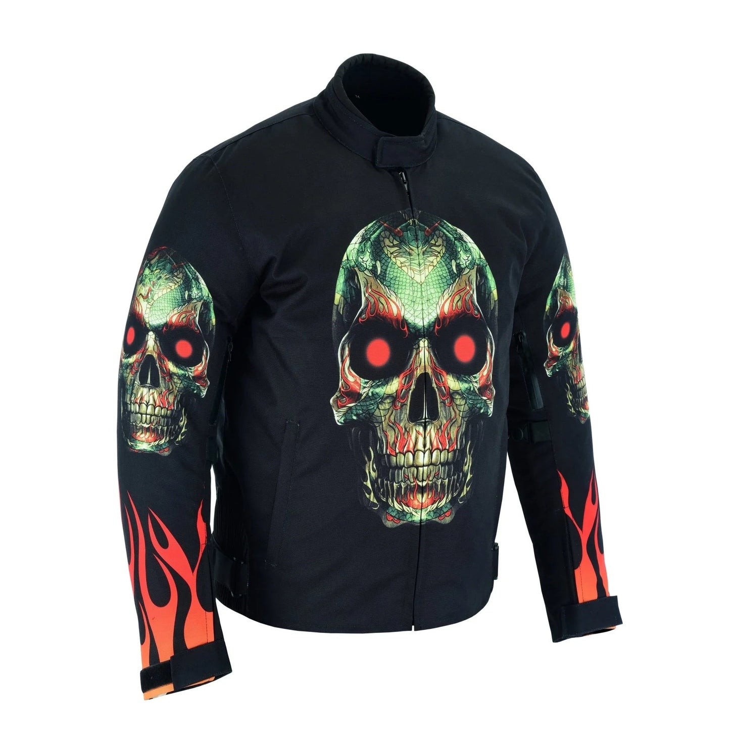 flames and skull black textile fabric motorcycle biker jacket -
