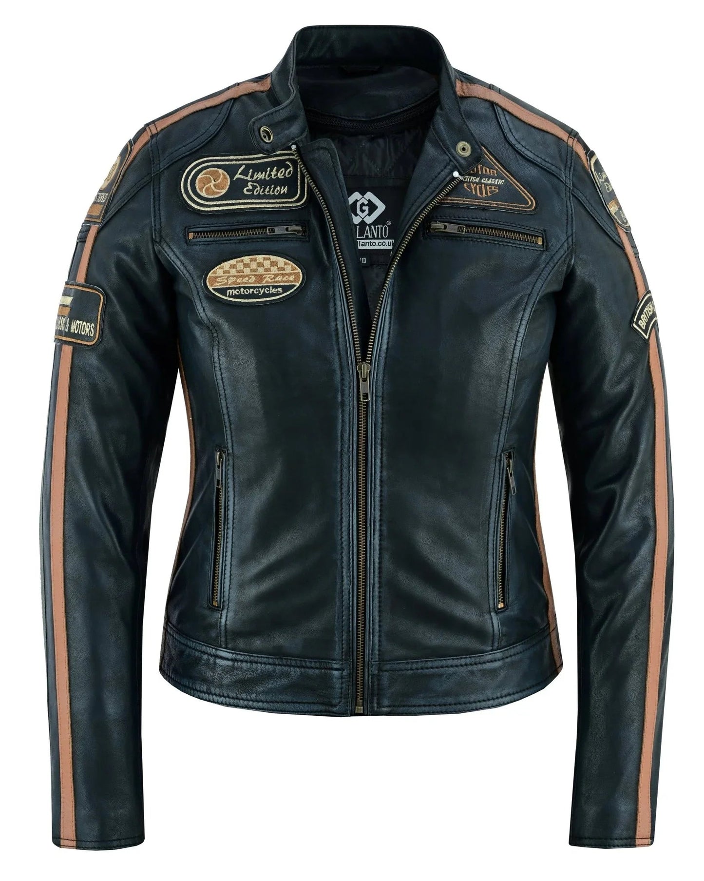 gallanto women's fashion black leather biker style jacket with badges -