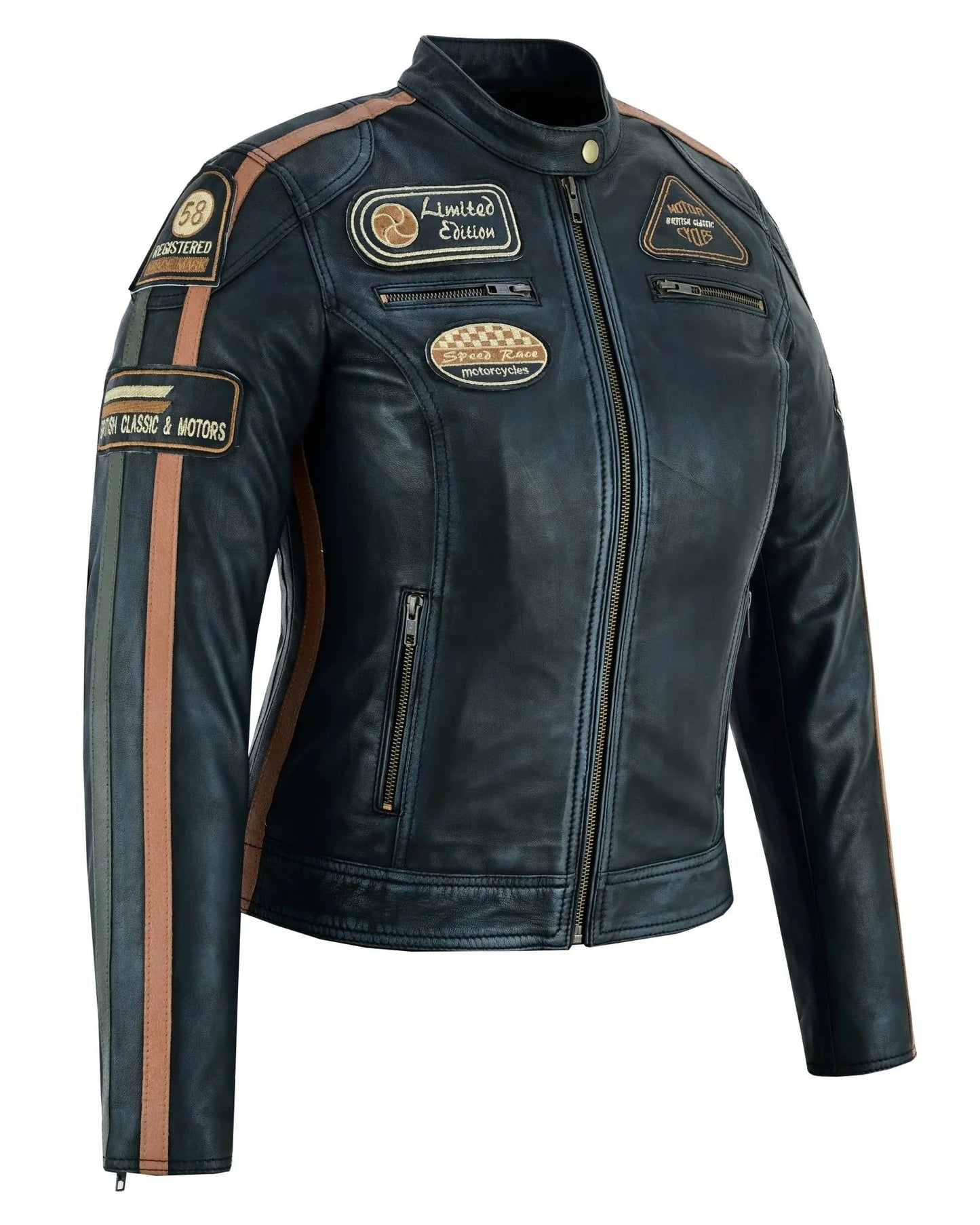 gallanto women's fashion black leather biker style jacket with badges -