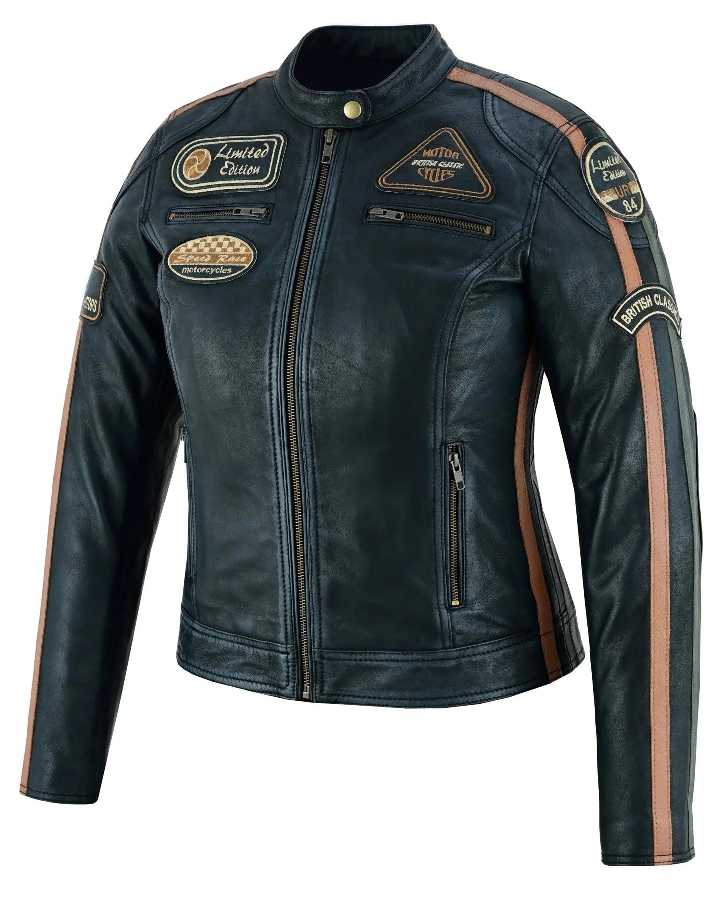gallanto women's fashion black leather biker style jacket with badges -