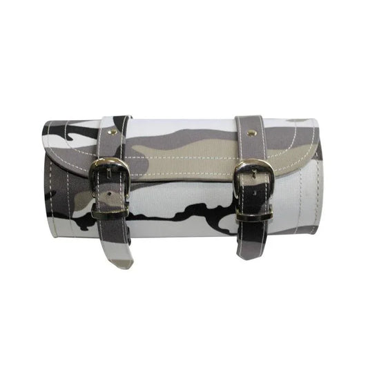 Motorcycle Fork Bag Leather Camo Tool Roll with Hidden Clasps