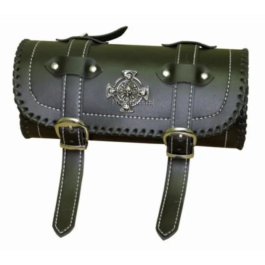 Genuine Leather Motorcycle Barrel Tool Bag with Iron Cross Skull Badge