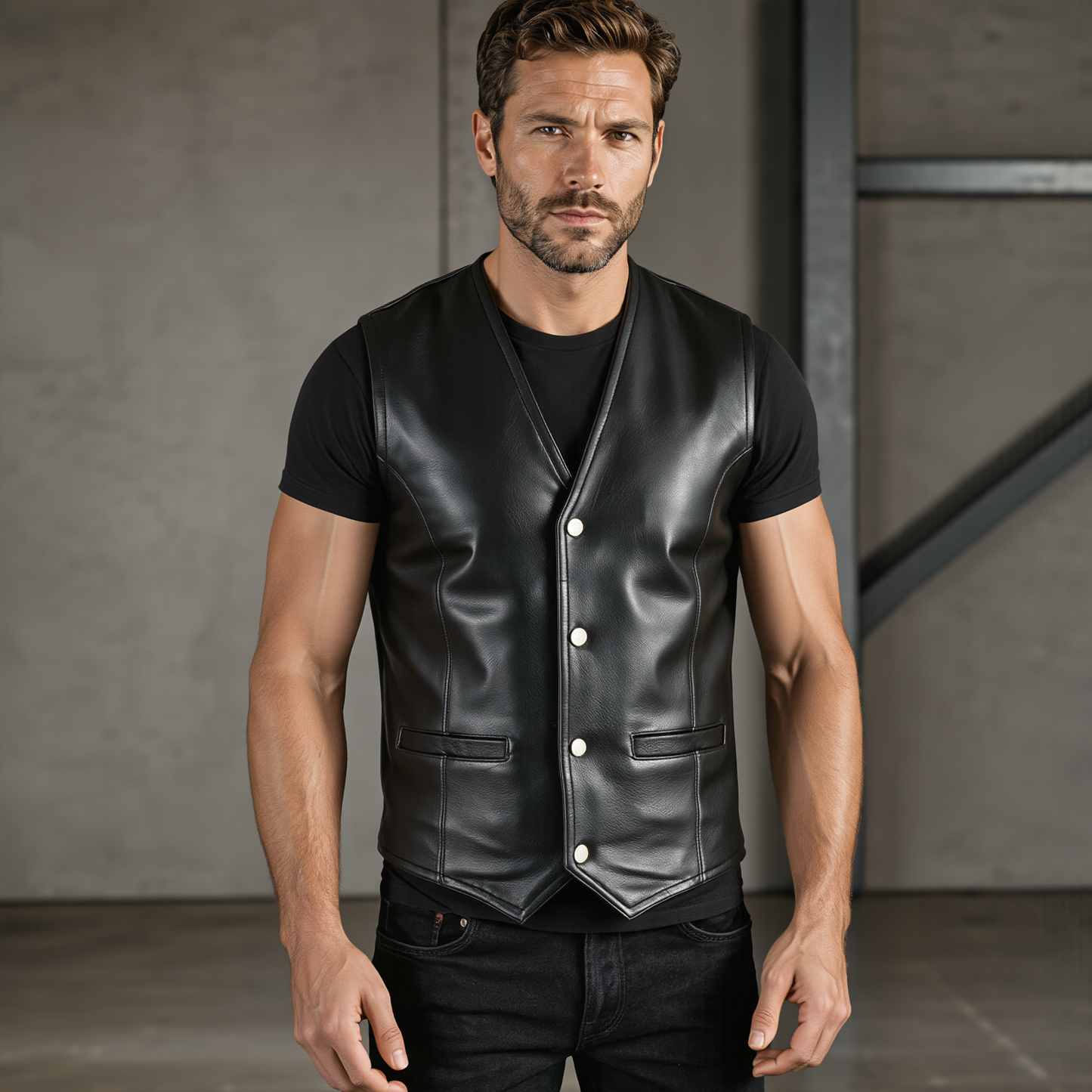 men's leather vest lightweight snap button waistcoat