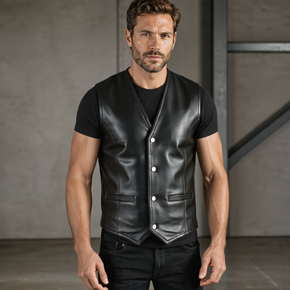 Men's Leather Vest Lightweight Snap Button Waistcoat