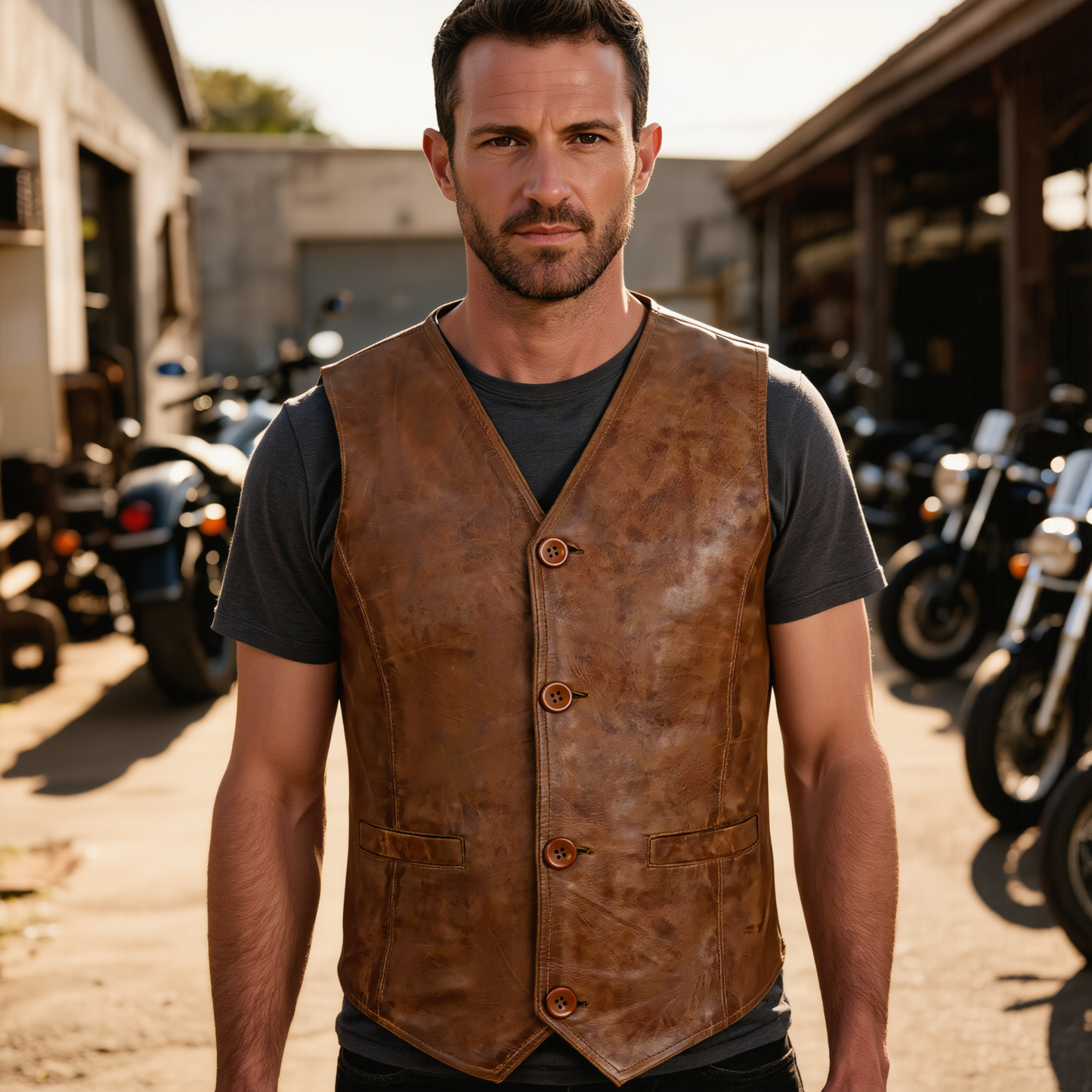coat button classic leather men vest for motorcycle and casual wear