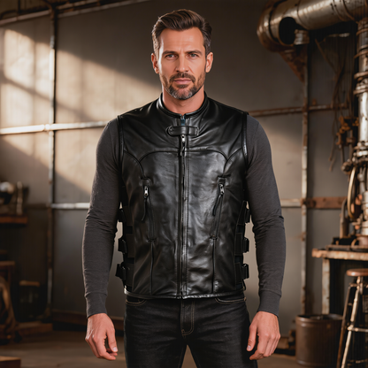 Motorbike Leather Vest for Motorcycle Riding and Casual Wear