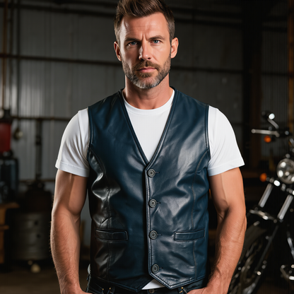 Coat Button Classic Leather Men Vest for Motorcycle and Casual Wear
