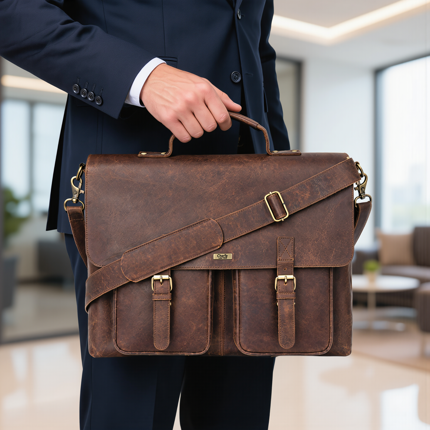 genuine leather business briefcase laptop bag for men & women