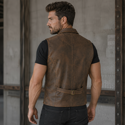Coat Button Classic Leather Men Vest for Motorcycle and Casual Wear
