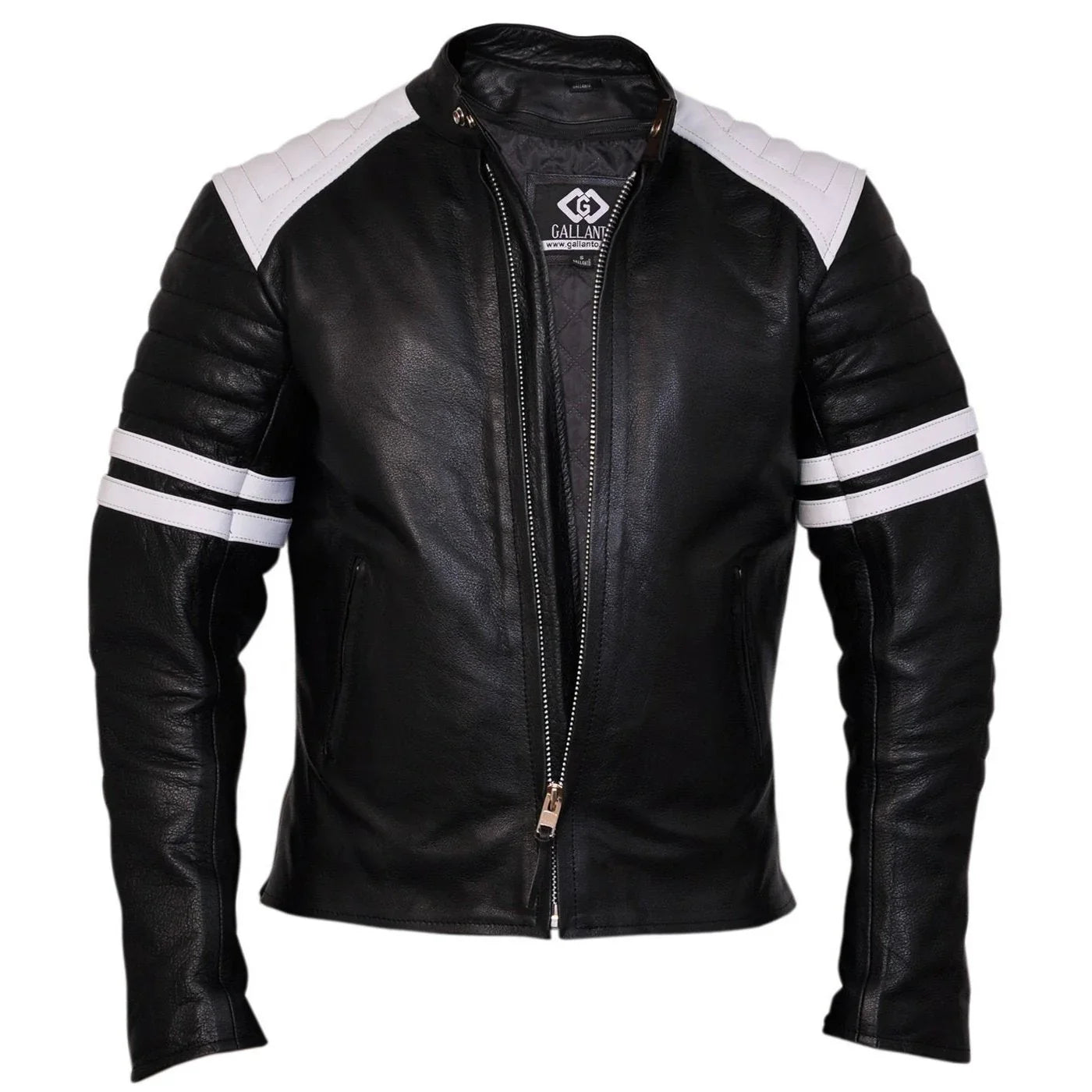premium  fight club men's leather biker jacket in cowhide with white strips