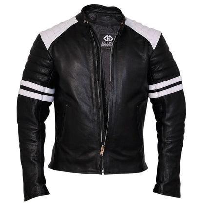 Premium  Fight Club Men's Leather Biker Jacket in Cowhide With White Strips