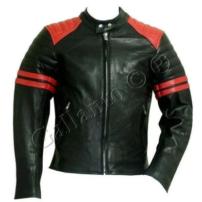 Premium  Fight Club Men's Leather Biker Jacket in Cowhide With White Strips