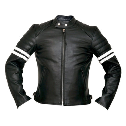 Vintage Fight Club Leather Biker Jacket with White Stripes