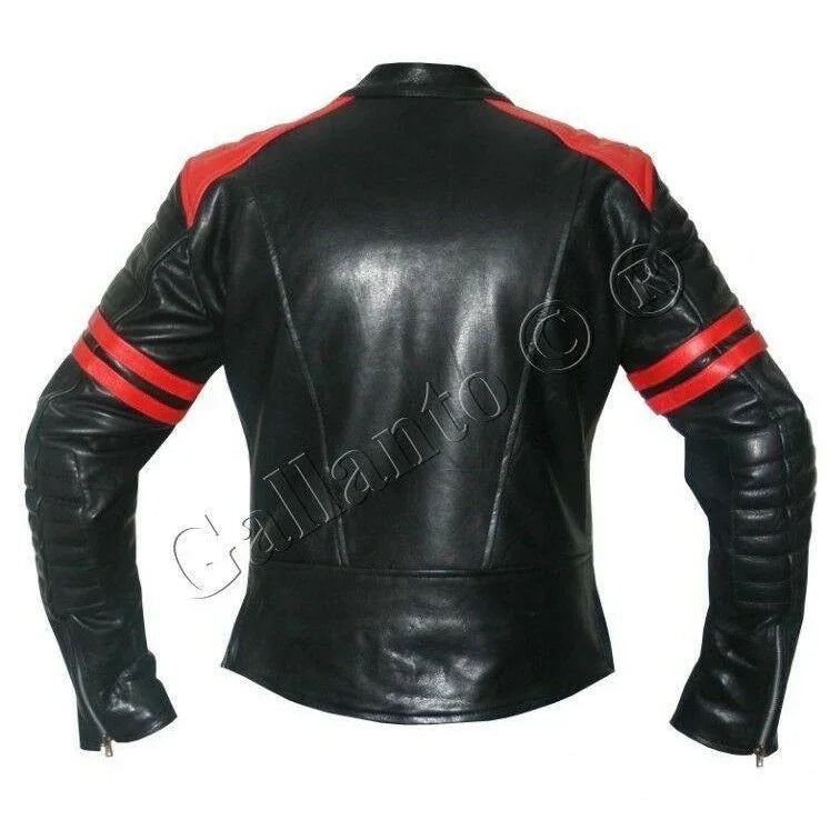 premium  fight club men's leather biker jacket in cowhide with white strips
