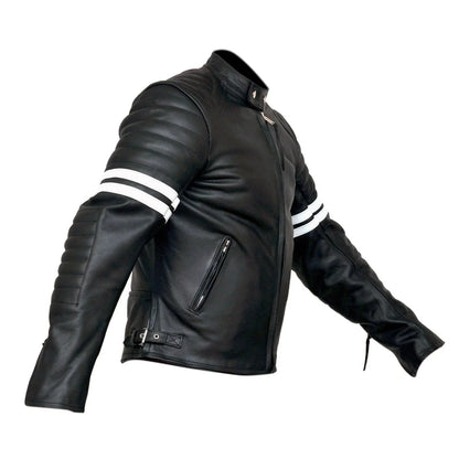 Vintage Fight Club Leather Biker Jacket with White Stripes