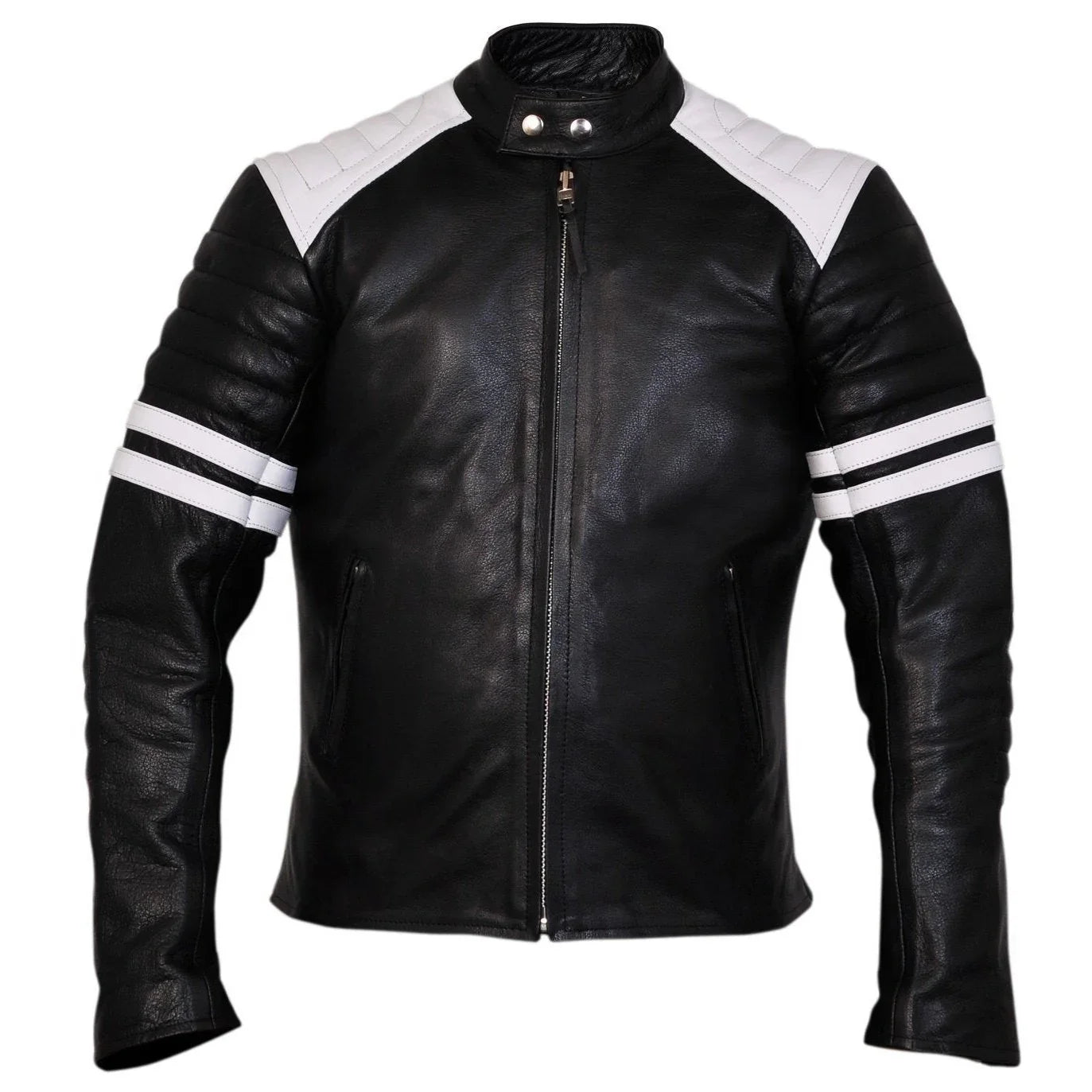 premium  fight club men's leather biker jacket in cowhide with white strips