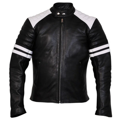 Premium  Fight Club Men's Leather Biker Jacket in Cowhide With White Strips