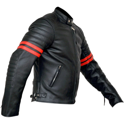 Vintage Fight Club Leather Biker Jacket with White Stripes
