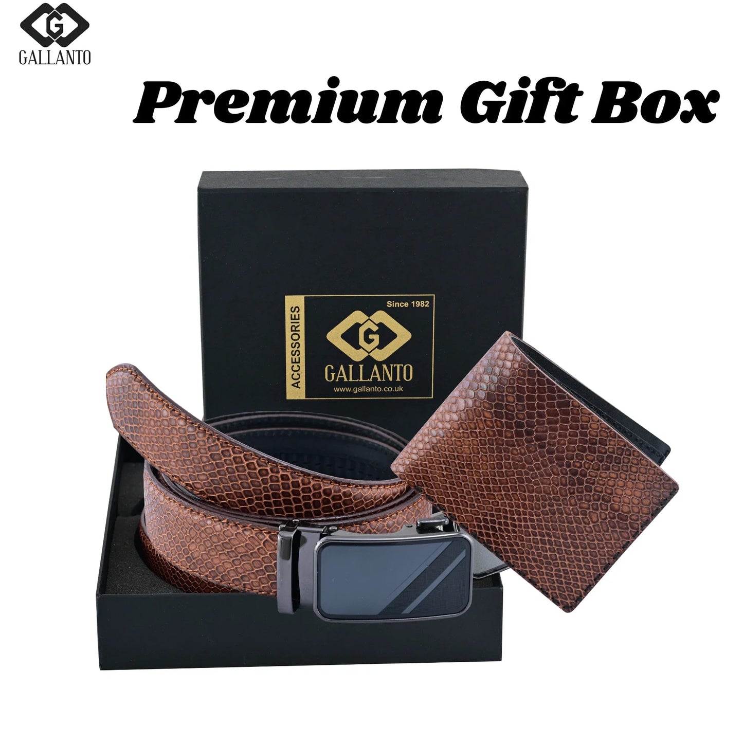 premium mens gift box with genuine leather wallet and ratchet belt