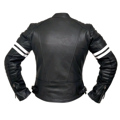 Vintage Fight Club Leather Biker Jacket with White Stripes