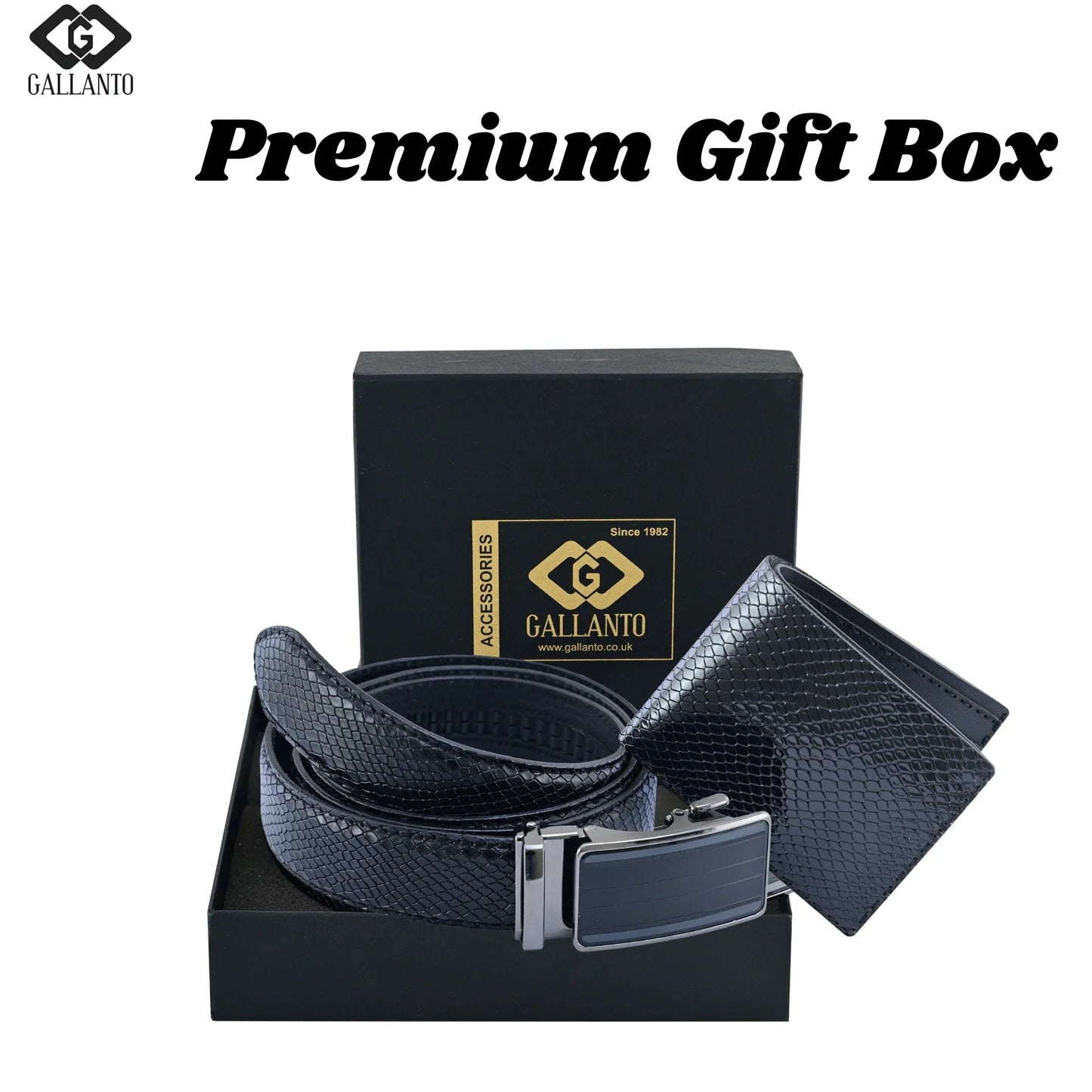 premium mens gift box with genuine leather wallet and ratchet belt