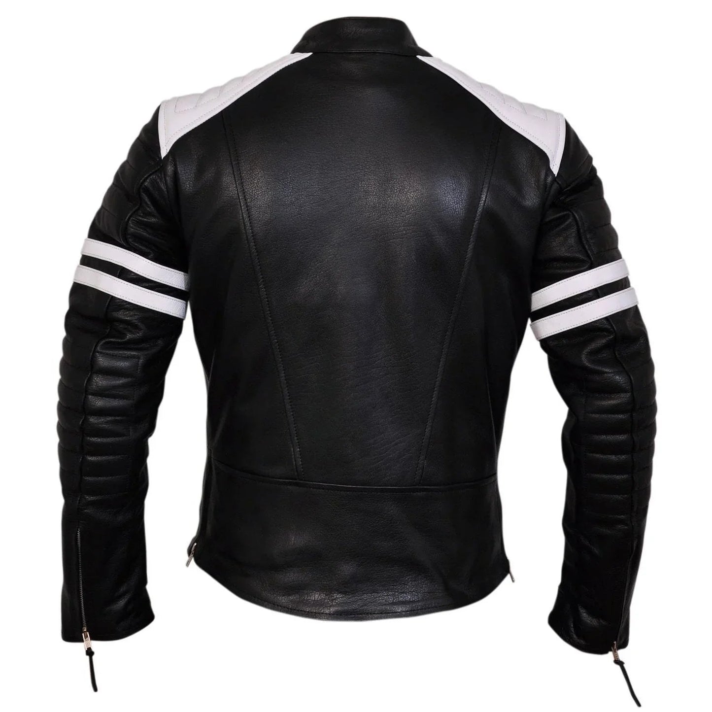 premium  fight club men's leather biker jacket in cowhide with white strips