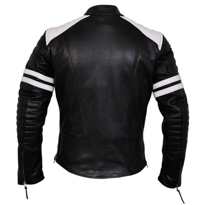 Premium  Fight Club Men's Leather Biker Jacket in Cowhide With White Strips