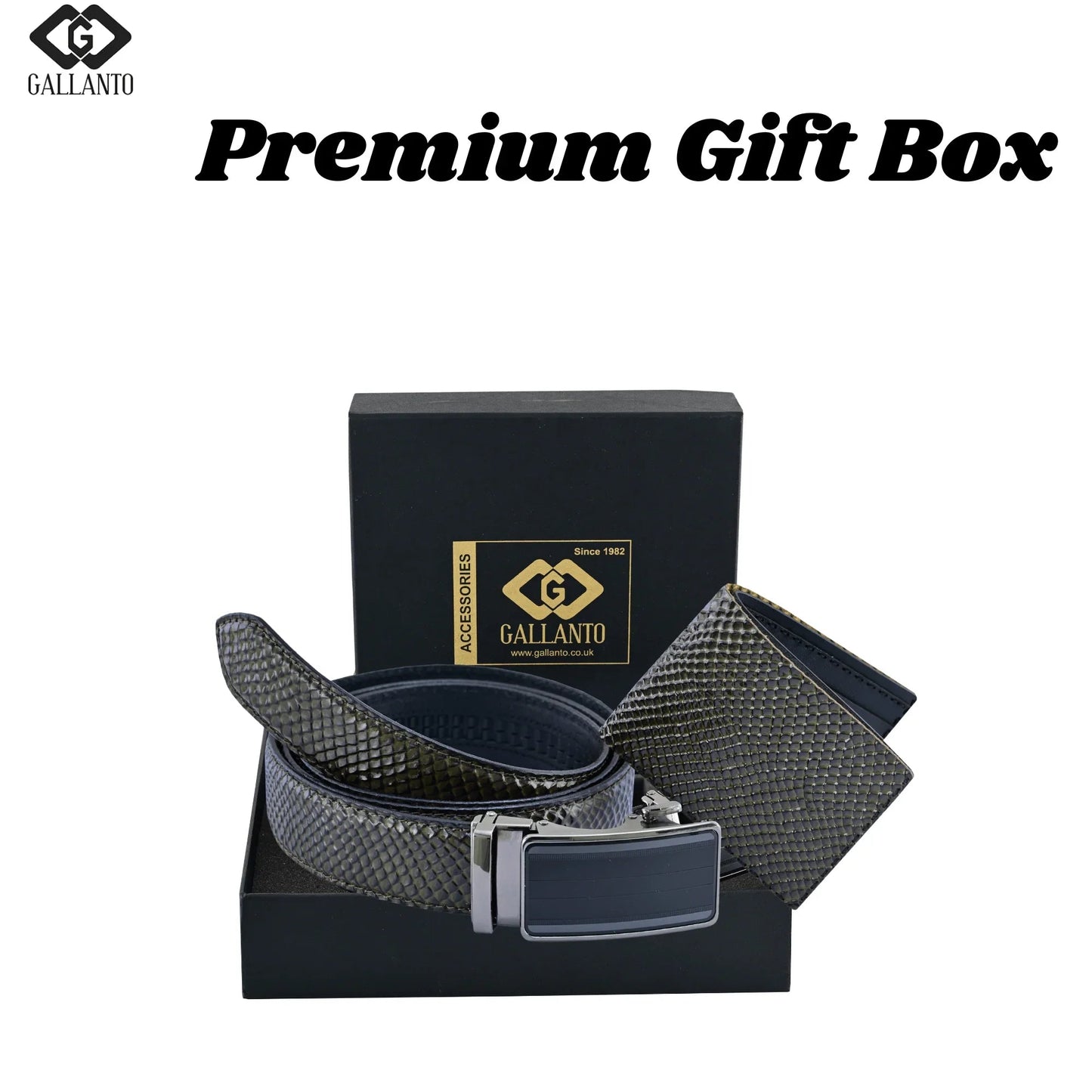 premium mens gift box with genuine leather wallet and ratchet belt