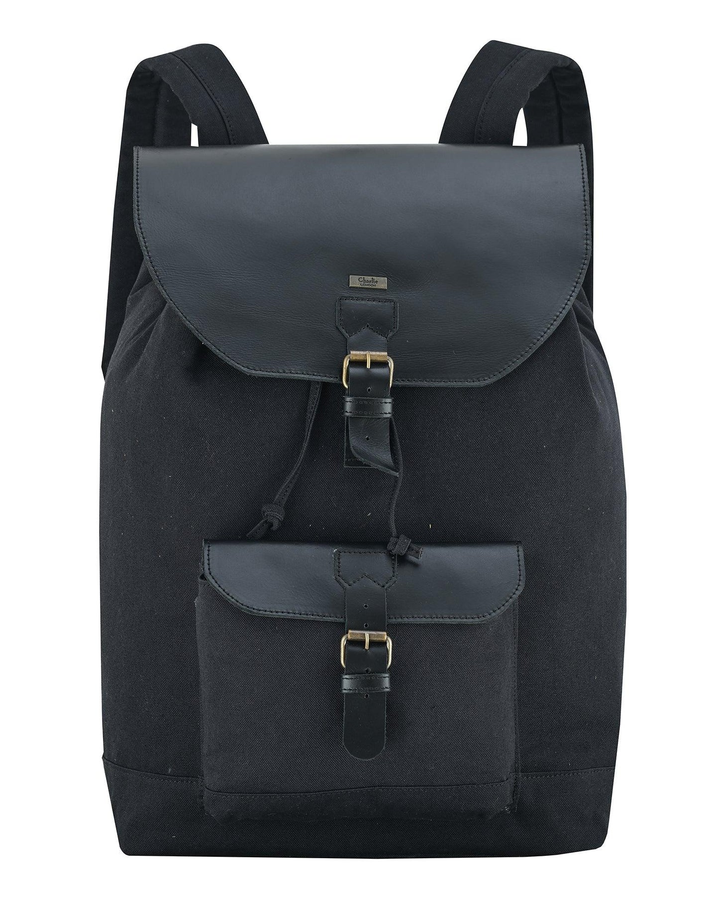 a black canvas backpack with dark gray leather-like trim and gold-tone buckle details, shown against a plain white background.