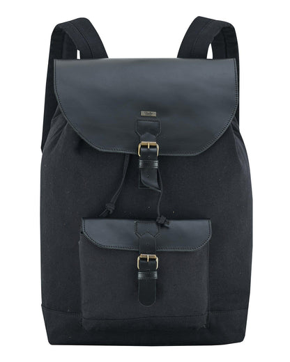 A black canvas backpack with dark gray leather-like trim and gold-tone buckle details, shown against a plain white background.