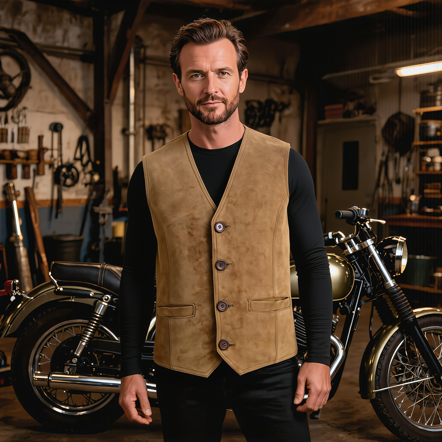 coat button classic leather men vest for motorcycle and casual wear