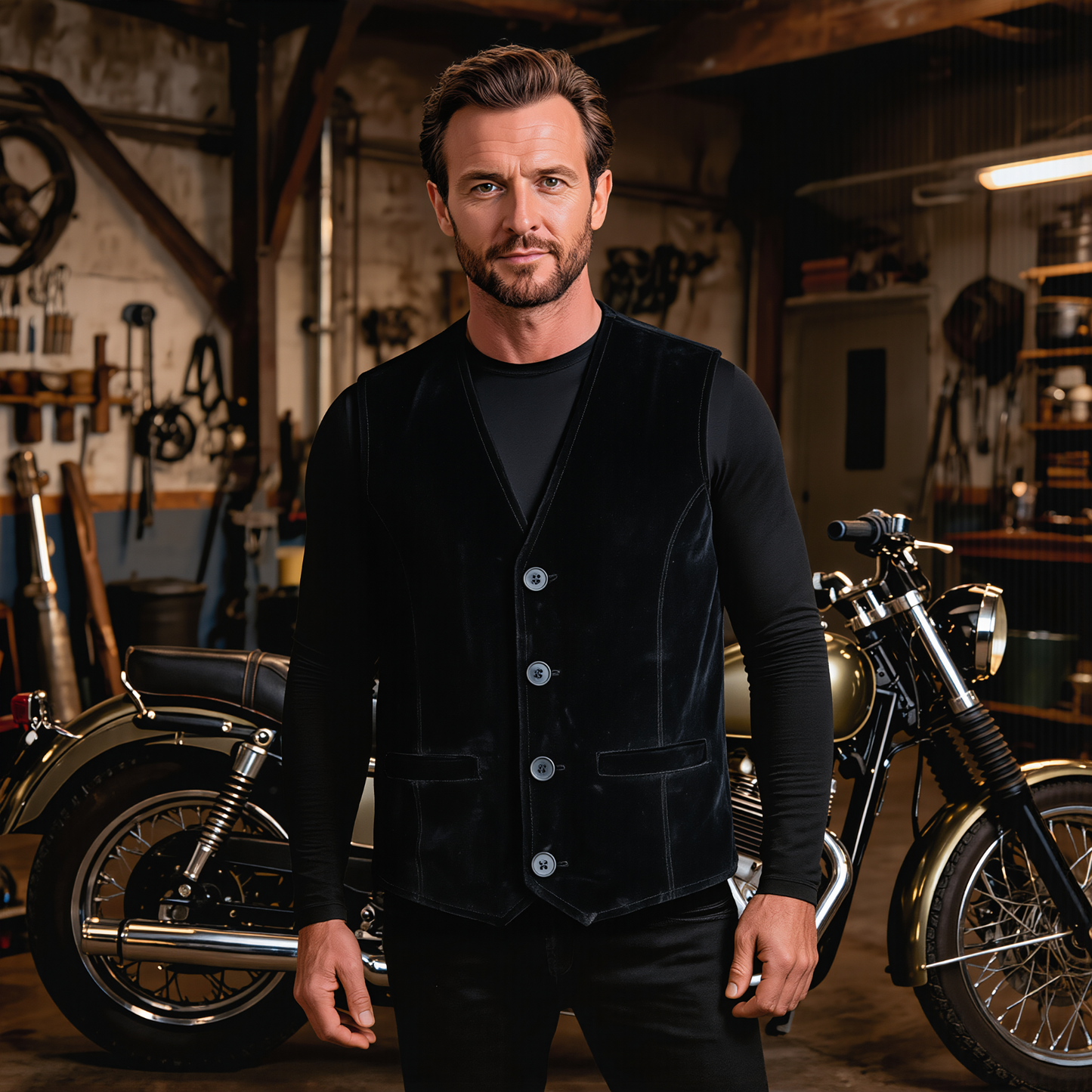 coat button classic leather men vest for motorcycle and casual wear