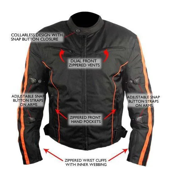 mens black and orange fabric textile armoured motorcycle jacket biker double lin -