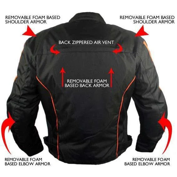 mens black and orange fabric textile armoured motorcycle jacket biker double lin -