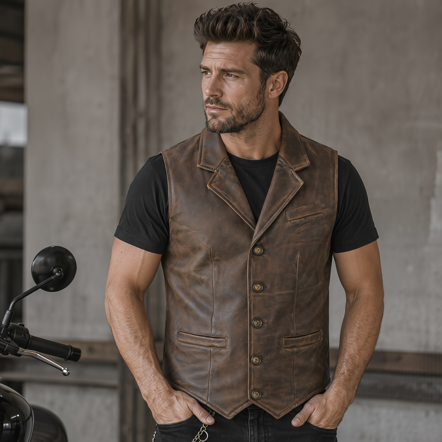 coat button classic leather men vest for motorcycle and casual wear