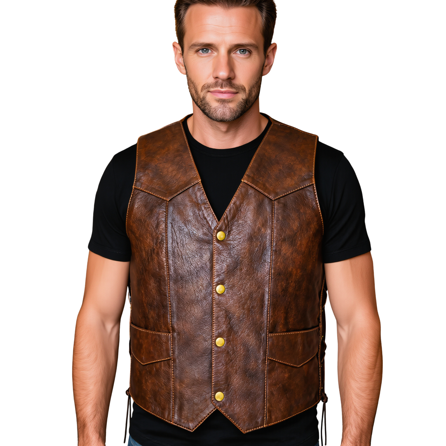 men's leather vest lightweight snap button waistcoat