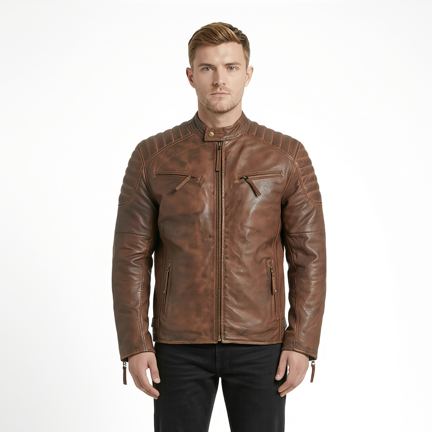 mens designer jackets – slim fit washed leather biker jacket