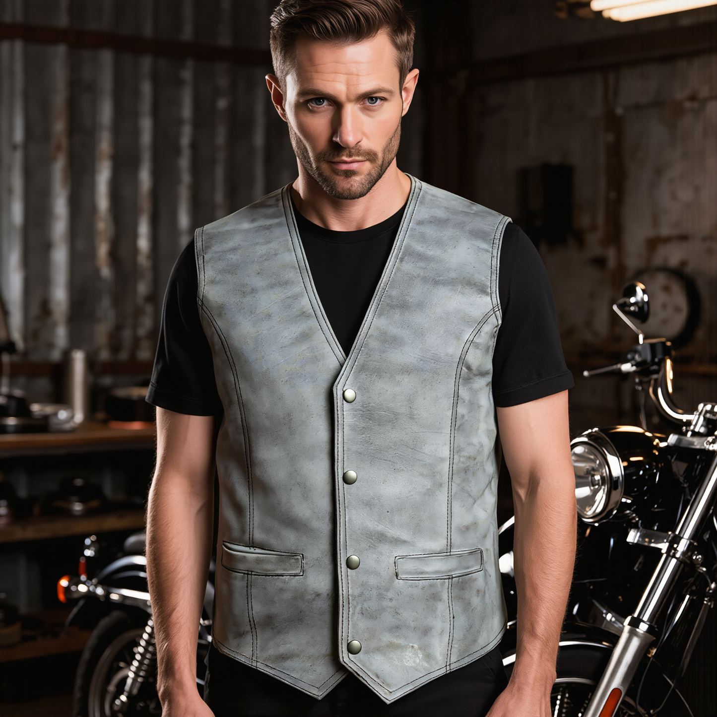 men's leather vest lightweight snap button waistcoat