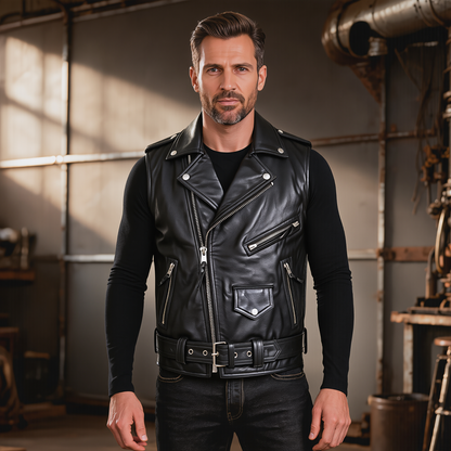 Mens Vest Sleeveless Brando Style Leather Biker Waistcoat