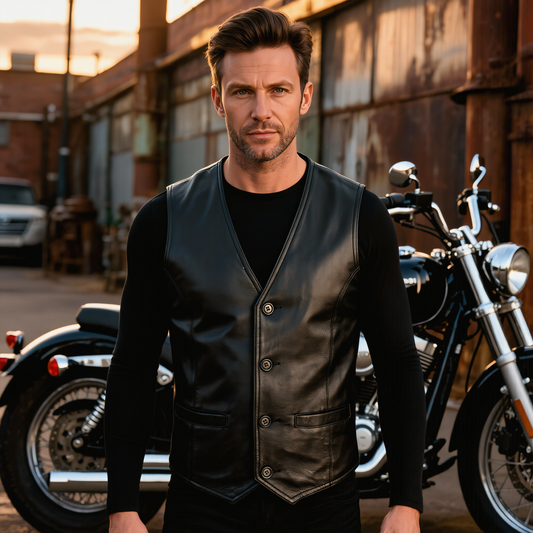 Coat Button Classic Leather Men Vest for Motorcycle and Casual Wear