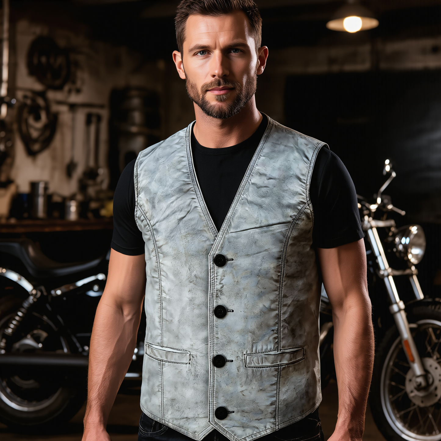 coat button classic leather men vest for motorcycle and casual wear