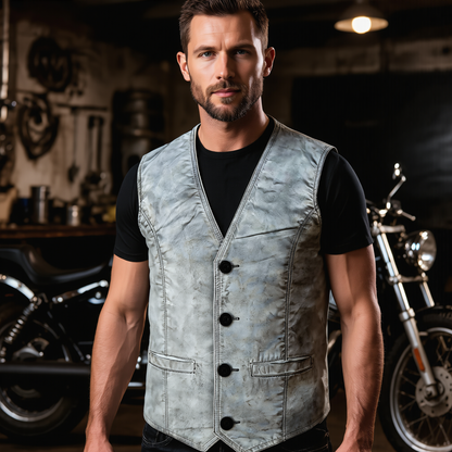Coat Button Classic Leather Men Vest for Motorcycle and Casual Wear