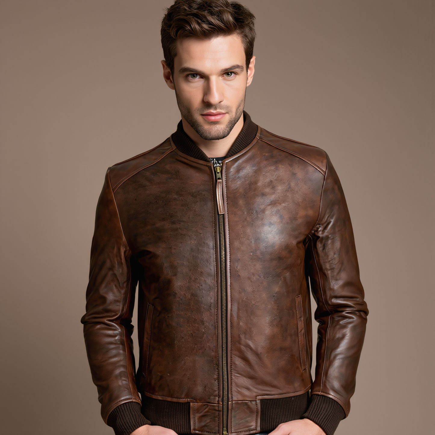 leather bomber jacket sand style genuine sheepskin jacket for men
