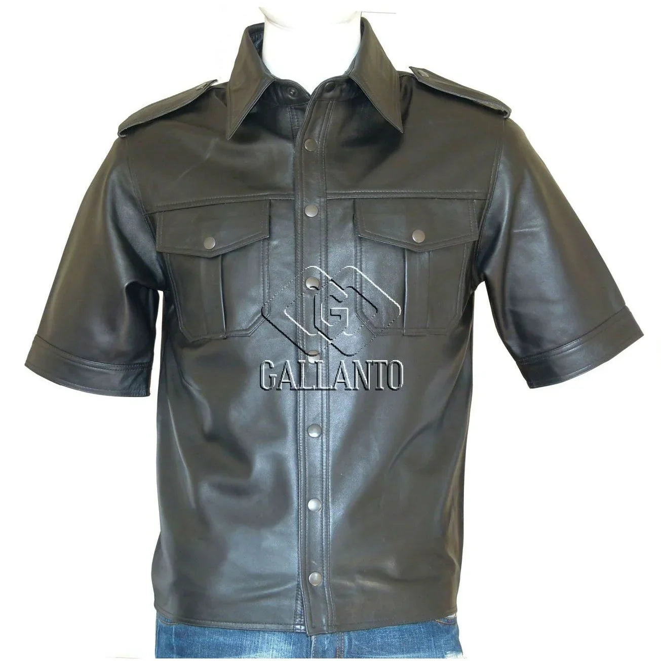 genuine cowhide half sleeve black leather men shirt