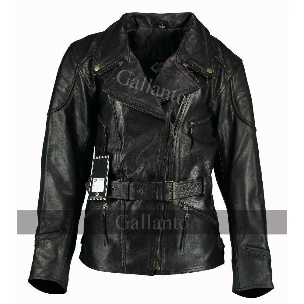 vintage black demi ladies 3/4 biker leather jackets -