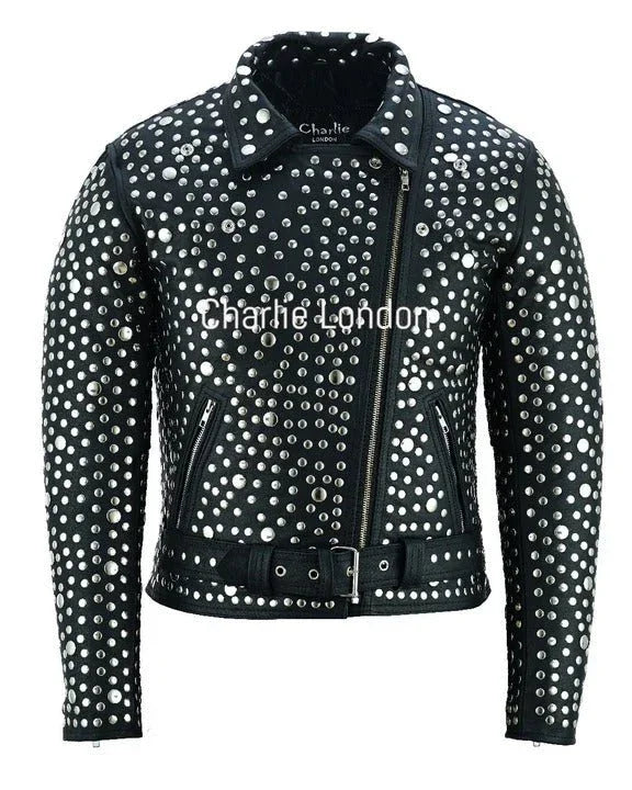 women's black designer leather biker jacket with silver studs -