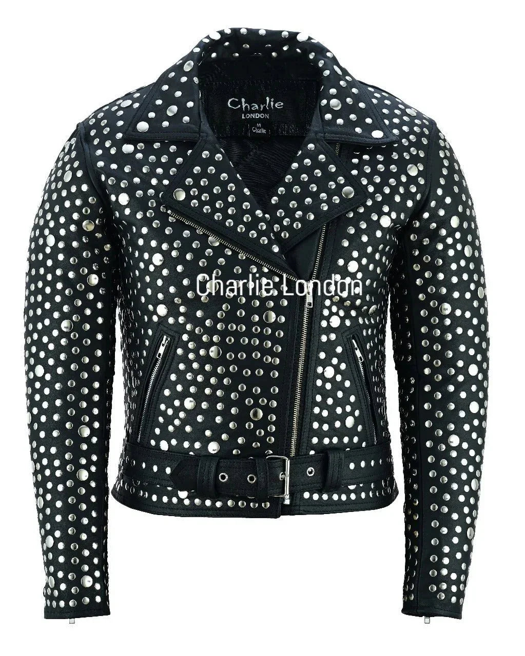 women's black designer leather biker jacket with silver studs -