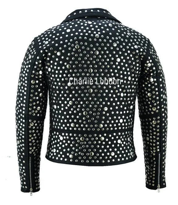 women's black designer leather biker jacket with silver studs -